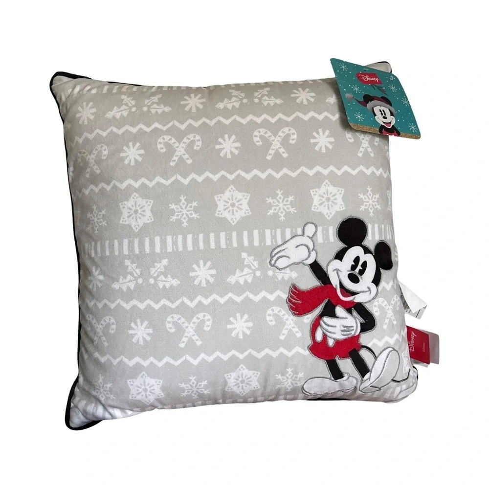 Disney Christmas Holiday Mickey Mouse Snow Gray Velour Decorative Pillow 17 X 17